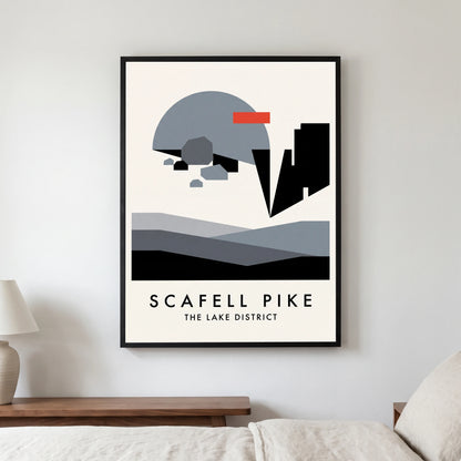 Scafell Pike travel poster in a black frame, hanging in a bedroom3