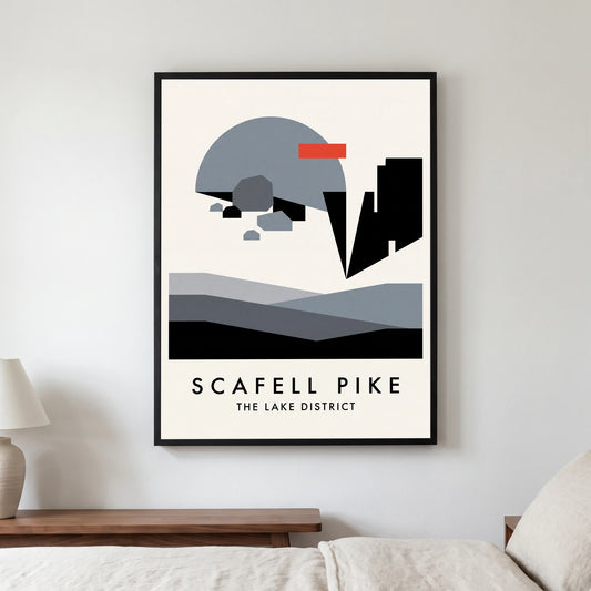 Scafell Pike travel poster in a black frame, hanging in a bedroom3
