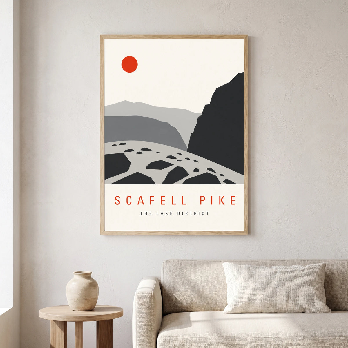 Scafell Pike travel poster in a natural frame, hanging in a living