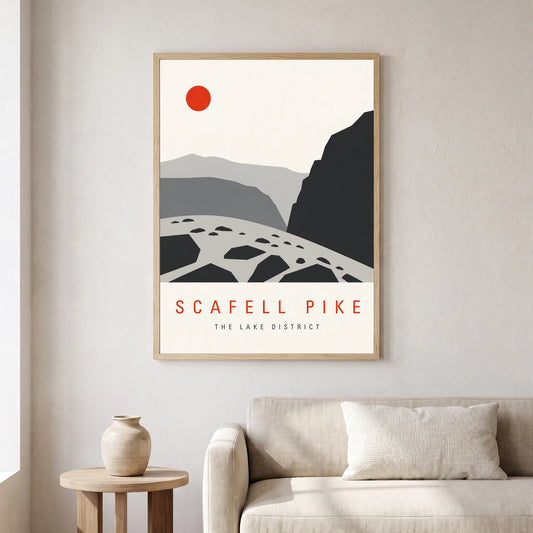 Scafell Pike travel poster in a natural frame, hanging in a living