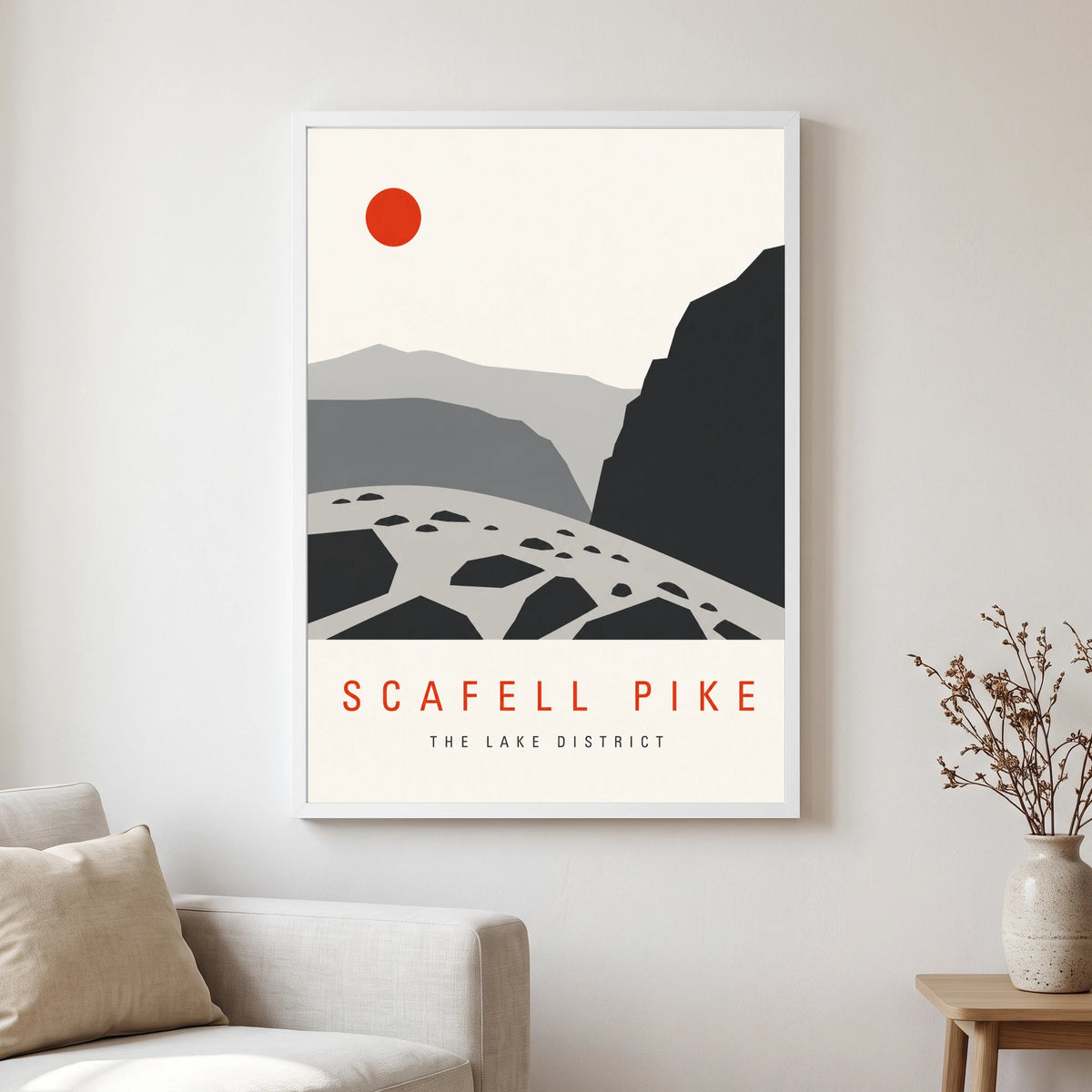 Scafell Pike travel poster in a white frame, hanging in a living2