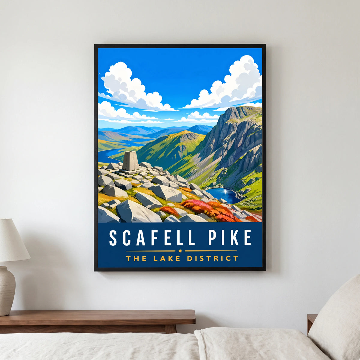 Scafell Pike travel poster in a black frame, hanging in a bedroom3