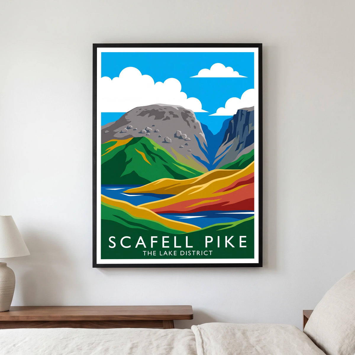Scafell Pike travel poster in a black frame, hanging in a bedroom3
