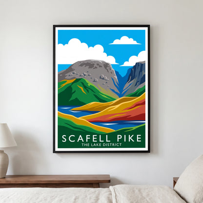 Scafell Pike travel poster in a black frame, hanging in a bedroom3