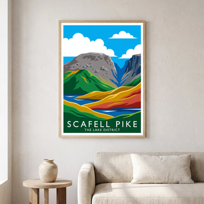 Scafell Pike travel poster in a natural frame, hanging in a living