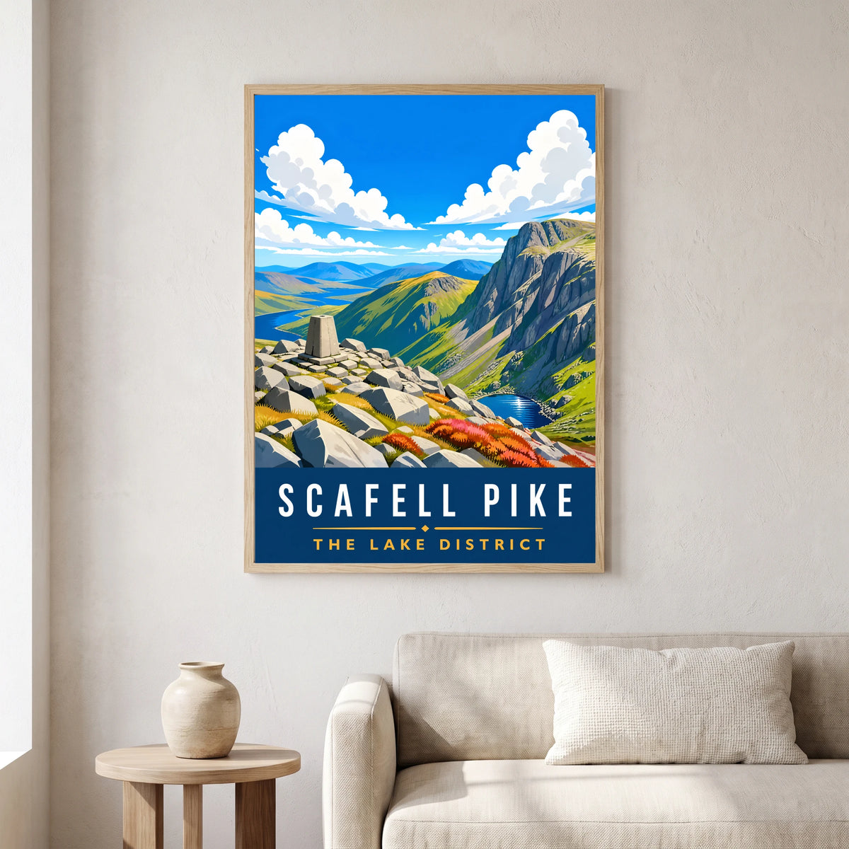 Scafell Pike travel poster in a natural frame, hanging in a living