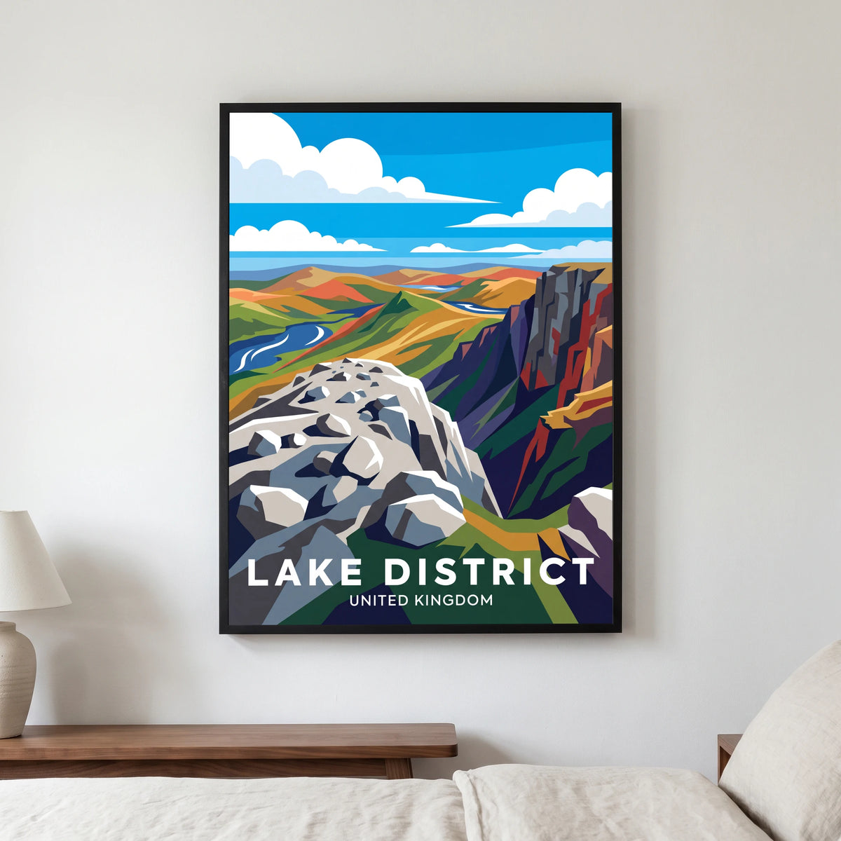 Scafell Pike travel poster in a black frame, hanging in a bedroom3