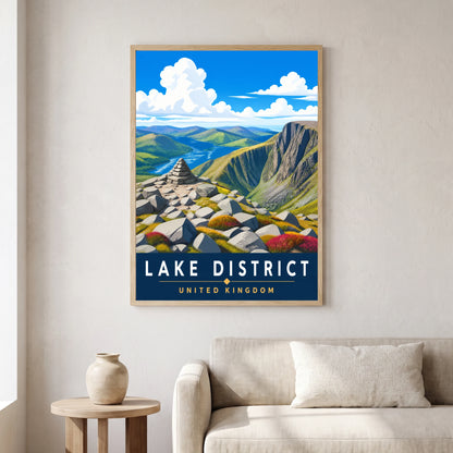 Scafell Pike travel poster in a natural frame, hanging in a living