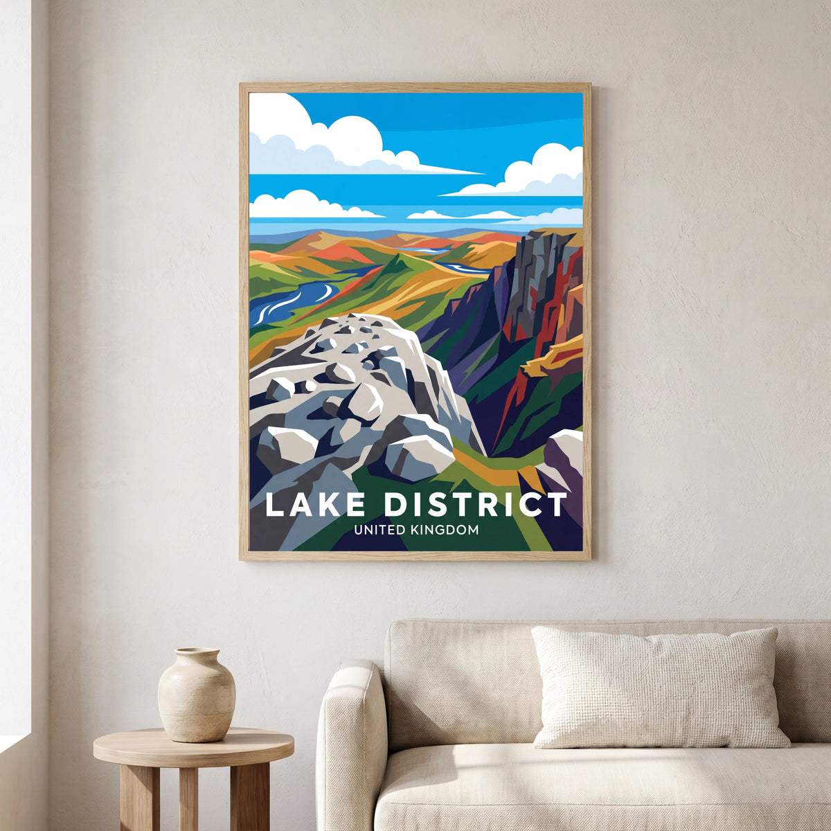 Scafell Pike travel poster in a natural frame, hanging in a living