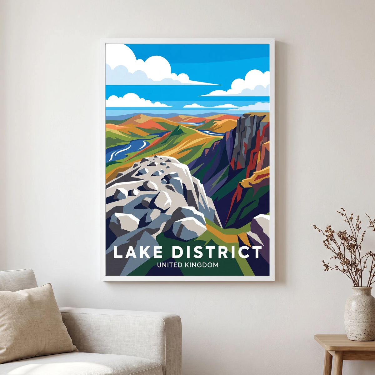 Scafell Pike travel poster in a white frame, hanging in a living2