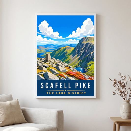 Scafell Pike travel poster in a white frame, hanging in a living2