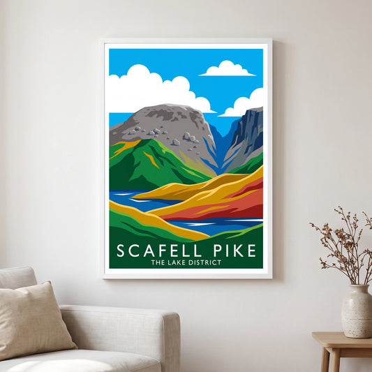 Scafell Pike travel poster in a white frame, hanging in a living2