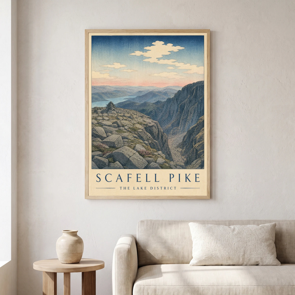Scafell Pike travel poster in a natural frame, hanging in a living
