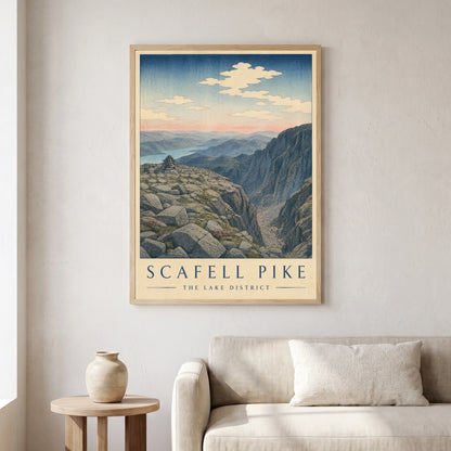 Scafell Pike travel poster in a natural frame, hanging in a living