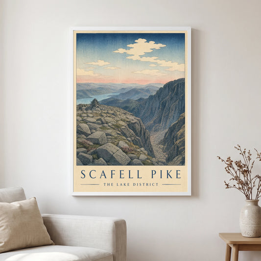 Scafell Pike travel poster in a white frame, hanging in a living2