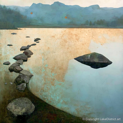 Scattered Rocks on Golden Elterwater - lake district lake art print and canvas by Silas Thorne A.I