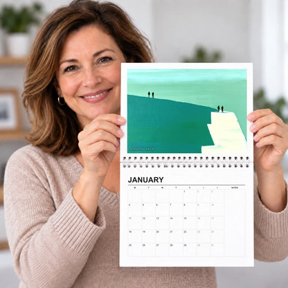 Sebastian Finch 2027 wall calendar held open, painting above the dates, a Lake District gift