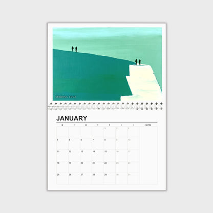 Sebastian Finch 2027 wall calendar hanging open, painting above the dates