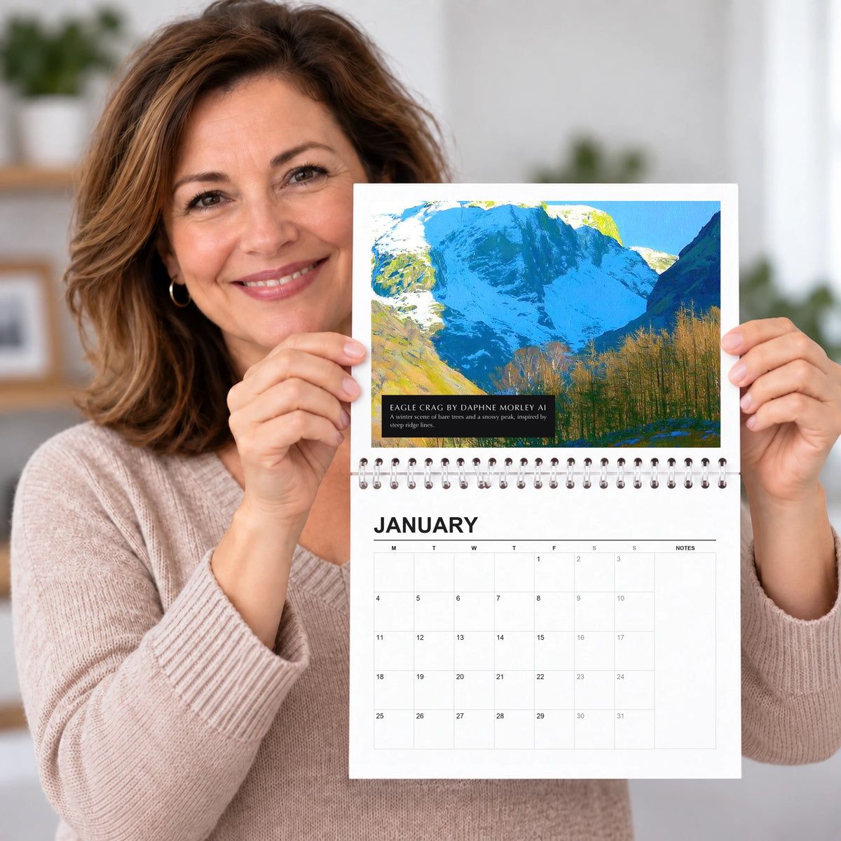 Selected Artists 2027 wall calendar held open, painting above the dates, a Lake District gift