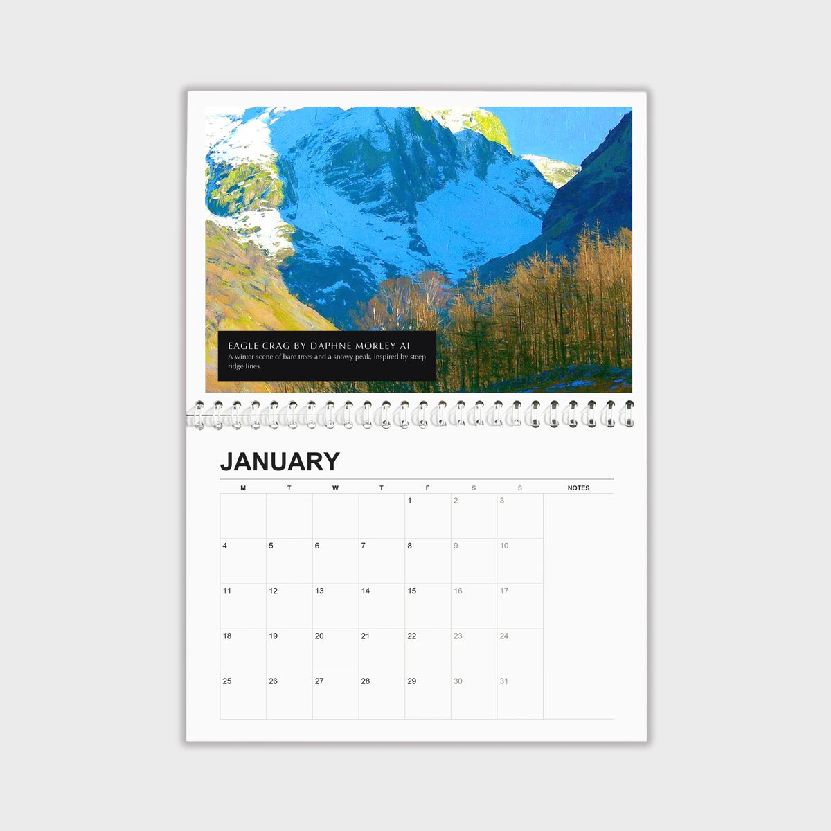 Selected Artists 2027 wall calendar hanging open, painting above the dates