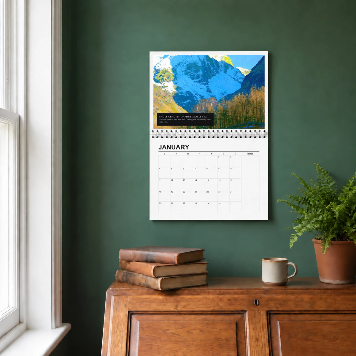 Selected Artists 2027 wall calendar hanging in a study