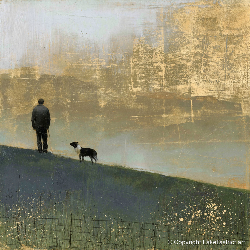 Shepherd and Dog in Golden Mist - lake district wildlife art print and canvas by Graham Whitaker A.I