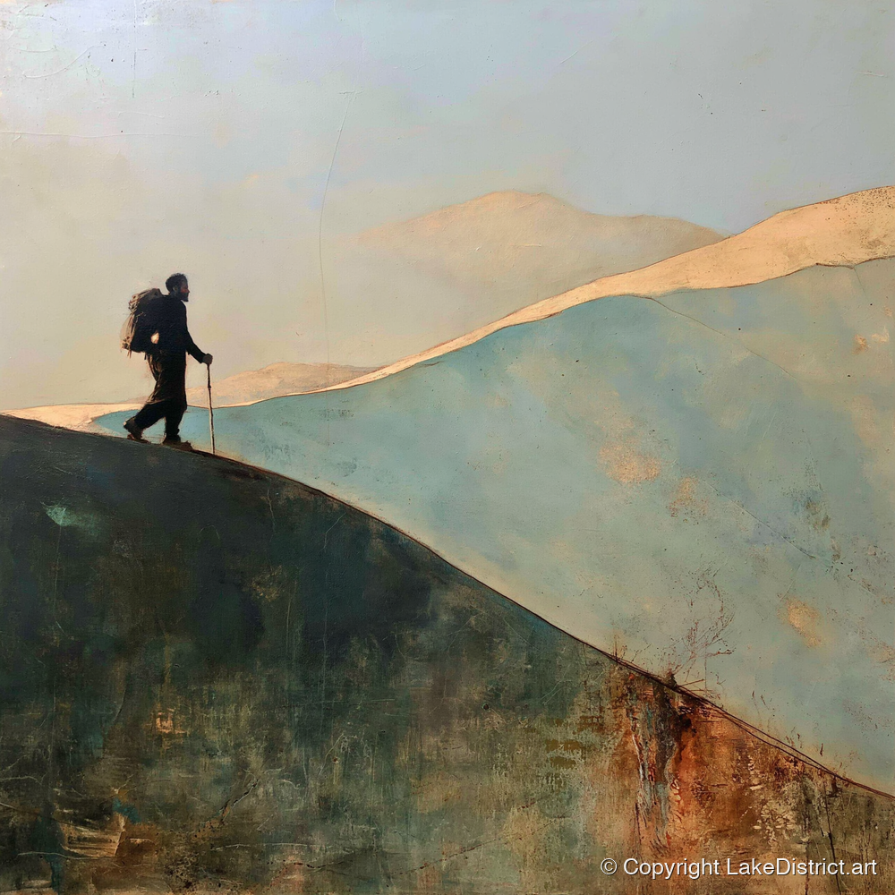 Silhouette Walker on Fell Ridge - lake district walking art print and canvas by Silas Thorne A.I