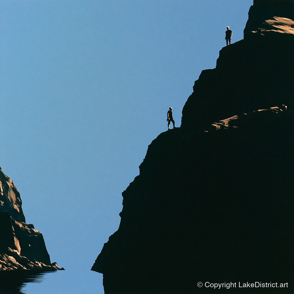 Silhouetted Climbers on Lakeland Crag - lake district walking art print and canvas by Adelaide Calloway A.I