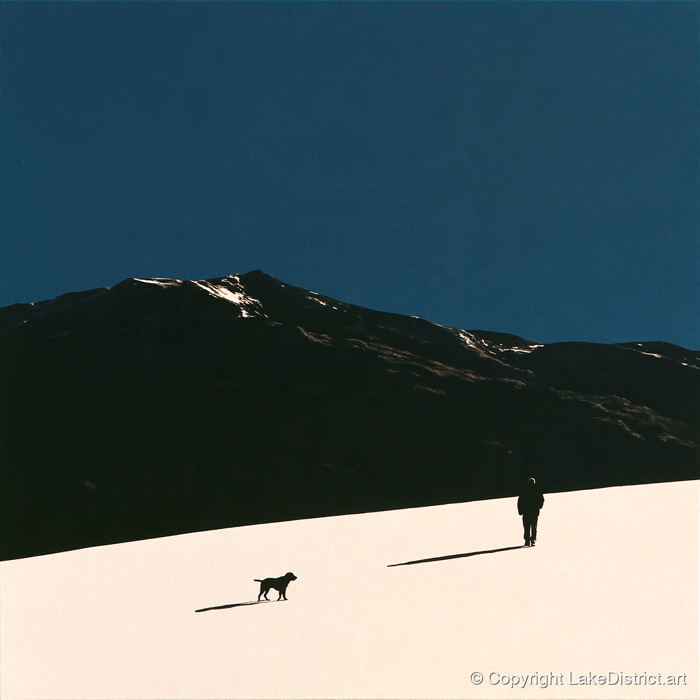Silhouetted Dog Walker on Skiddaw - gifts for dog walkers art print and canvas by Adelaide Calloway A.I