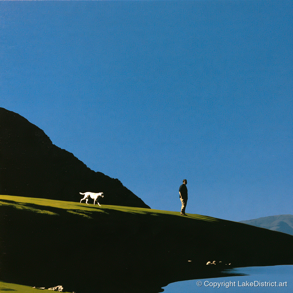 Silhouetted Glenridding Walker and Dog - gifts for dog walkers art print and canvas by Adelaide Calloway A.I