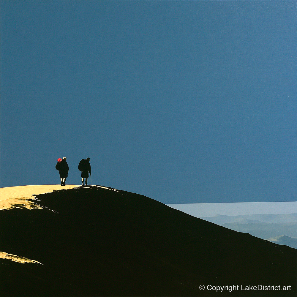 Silhouetted Hikers on a Fell Top - lake district fell art print and canvas by Adelaide Calloway A.I
