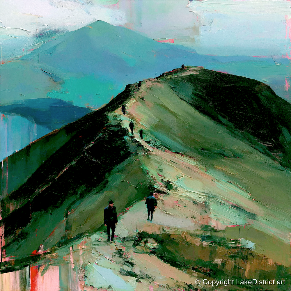Silhouetted Hikers on Fell Ridge - lake district fell art print and canvas by Quentin Hart A.I