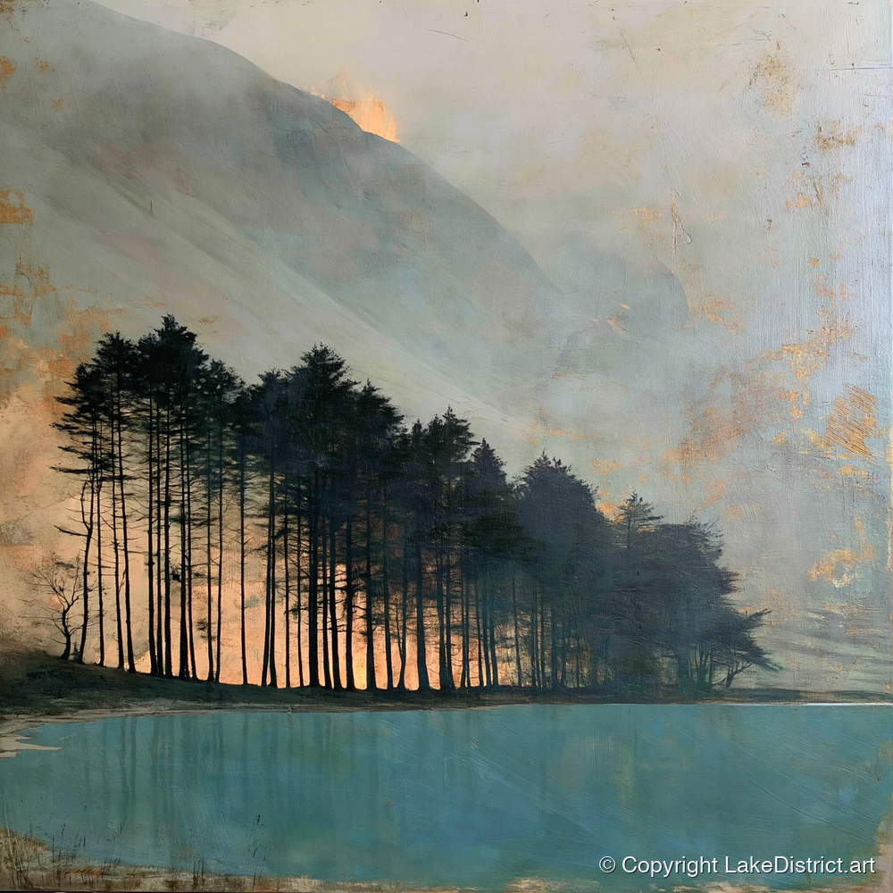 Silhouetted Pines at Buttermere - lake district lake art print and canvas by Silas Thorne A.I