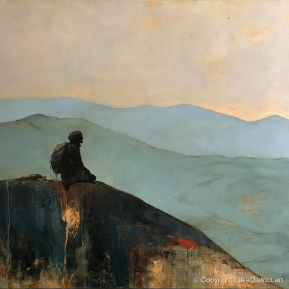 Silhouetted Walker on Blencathra Escarpment - lake district fell art print and canvas by Silas Thorne A.I