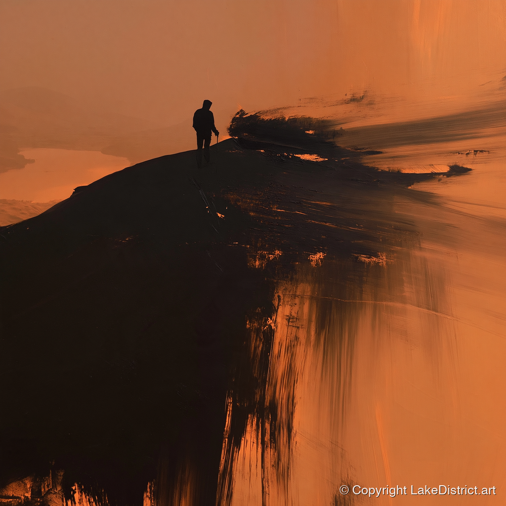 Silhouetted Walker on Skiddaw Ridge - lake district fell art print and canvas by James Yarborough A.I