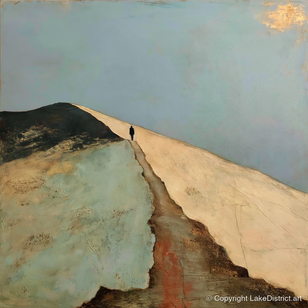 Silhouetted Walker on Striding Edge - lake district walking art print and canvas by Silas Thorne A.I
