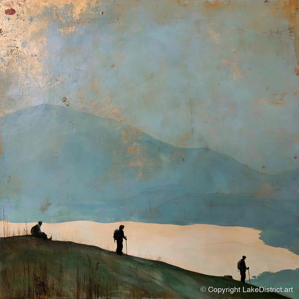 Silhouetted Walkers on Catbells - lake district fell art print and canvas by Silas Thorne A.I