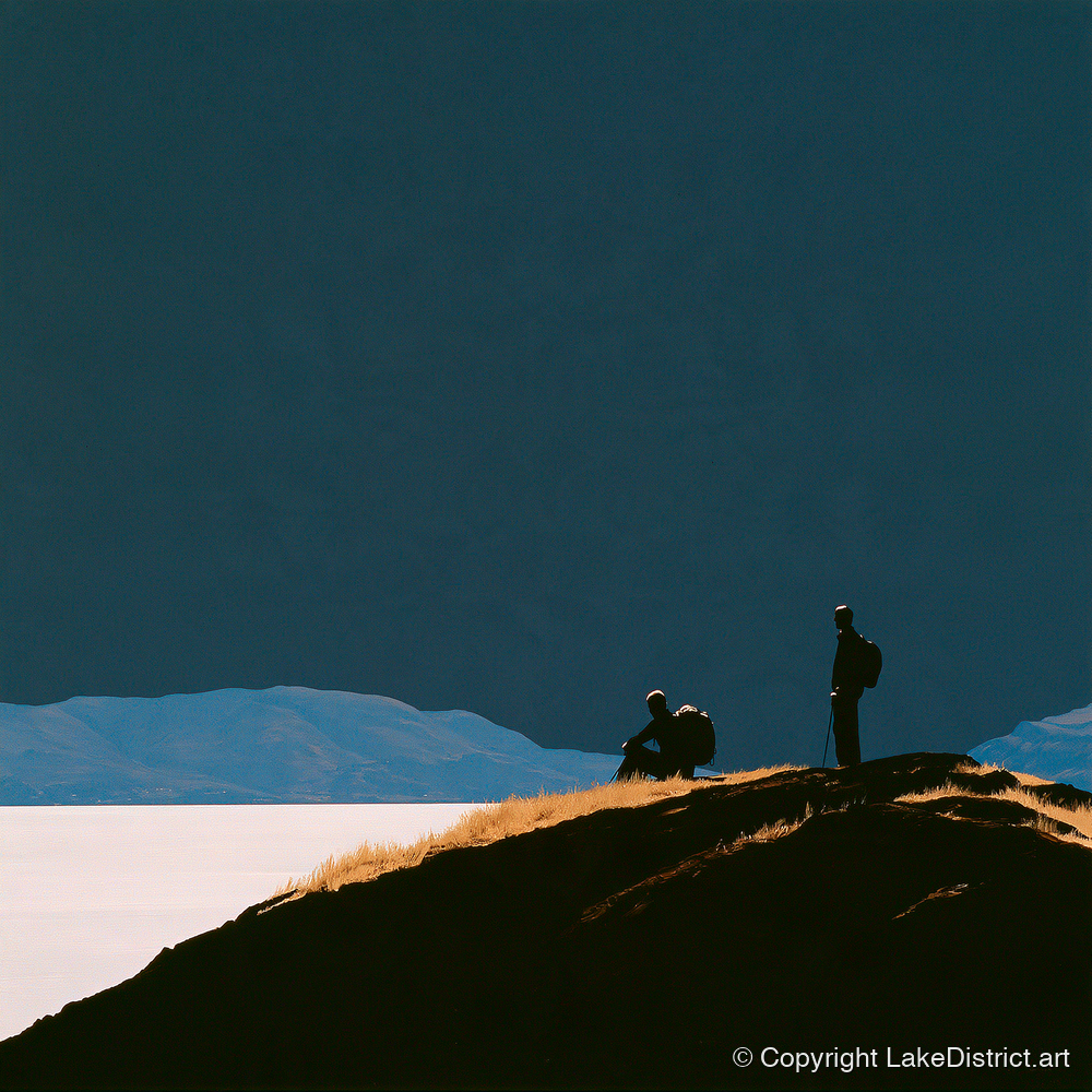 Silhouetted Walkers on Catbells - lake district fell art print and canvas by Adelaide Calloway A.I