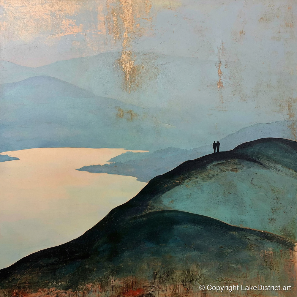 Silhouetted Walkers on Catbells Ridge - lake district fell art print and canvas by Silas Thorne A.I