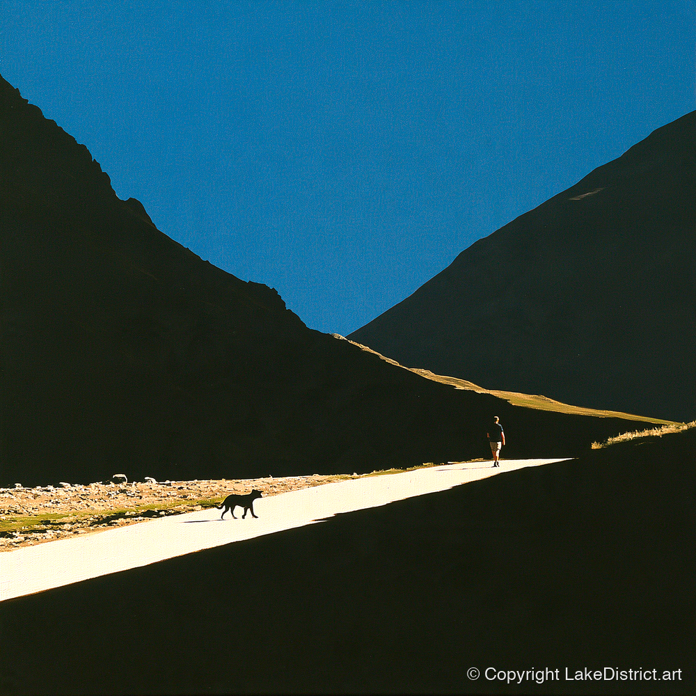 Silhouettes on Sunlit Wasdale Path - gifts for dog walkers art print and canvas by Adelaide Calloway A.I