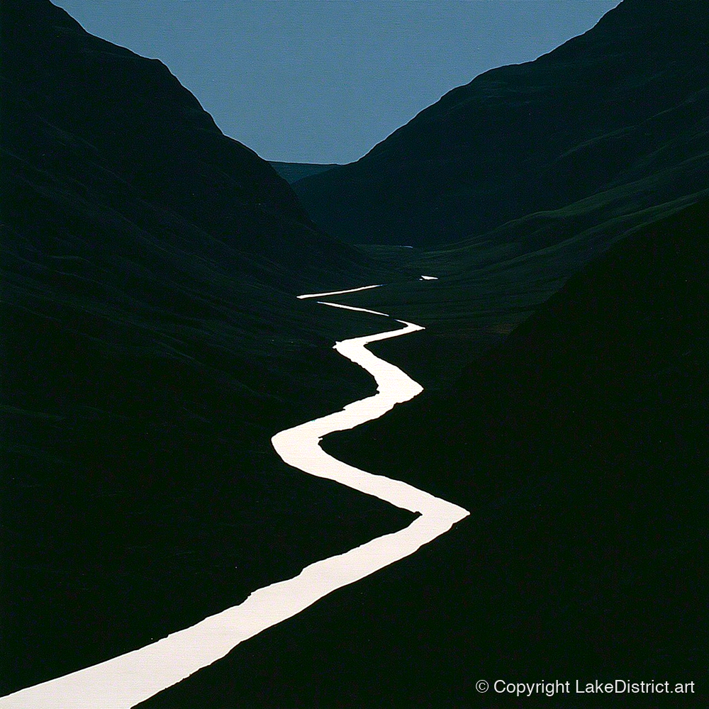 Silver River in Shadowed Valley - lake district waterfall art print and canvas by Adelaide Calloway A.I