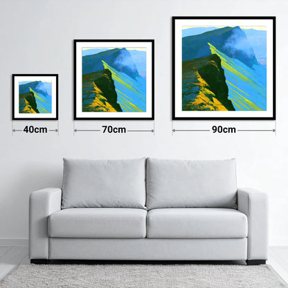 High Fell Ridge in Luminous Yellow - size guide showing 40cm, 70cm and 90cm art prints
