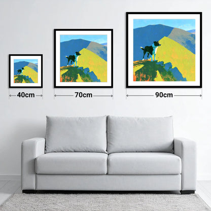 Vibrant Dog on Skiddaw Summit - size guide showing 40cm, 70cm and 90cm art prints