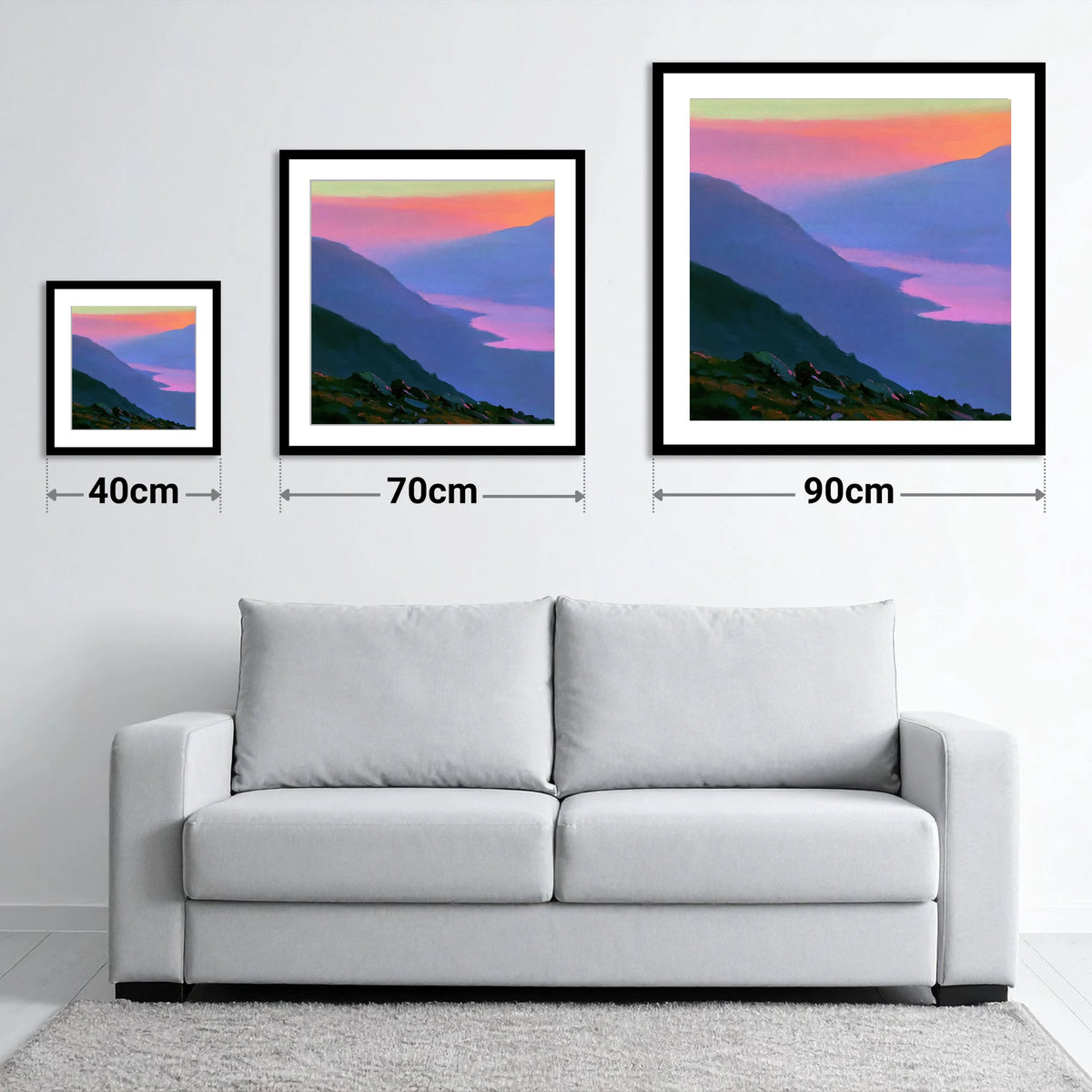 Vivid Sunset Over the Fells - size guide showing 40cm, 70cm and 90cm art prints