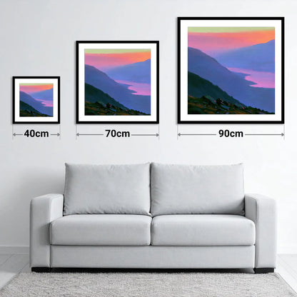 Vivid Sunset Over the Fells - size guide showing 40cm, 70cm and 90cm art prints
