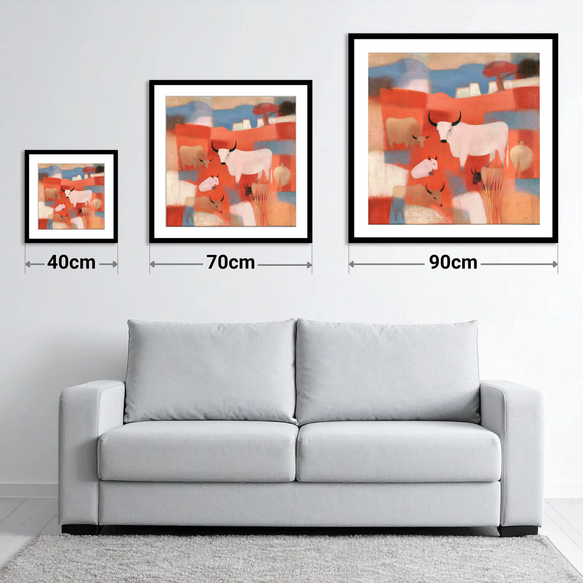 Highland Cattle in Terracotta Fells - size guide showing 40cm, 70cm and 90cm art prints