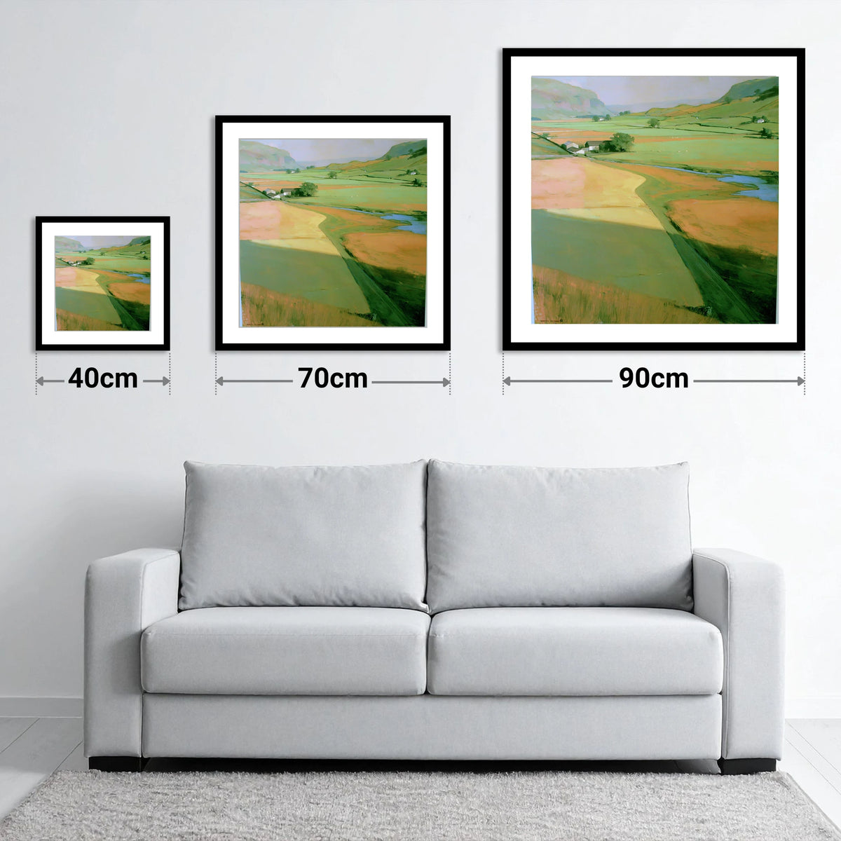 Green Valley Beneath The Fells - size guide showing 40cm, 70cm and 90cm art prints