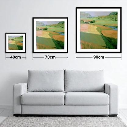 Green Valley Beneath The Fells - size guide showing 40cm, 70cm and 90cm art prints