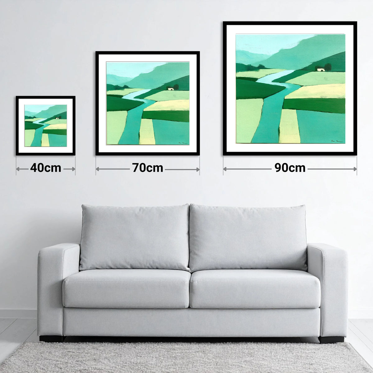 Abstract River Derwent Valley - size guide showing 40cm, 70cm and 90cm art prints