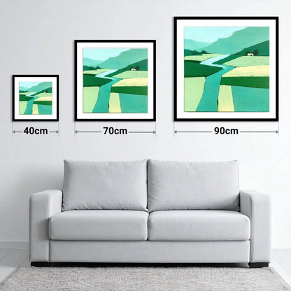 Abstract River Derwent Valley - size guide showing 40cm, 70cm and 90cm art prints